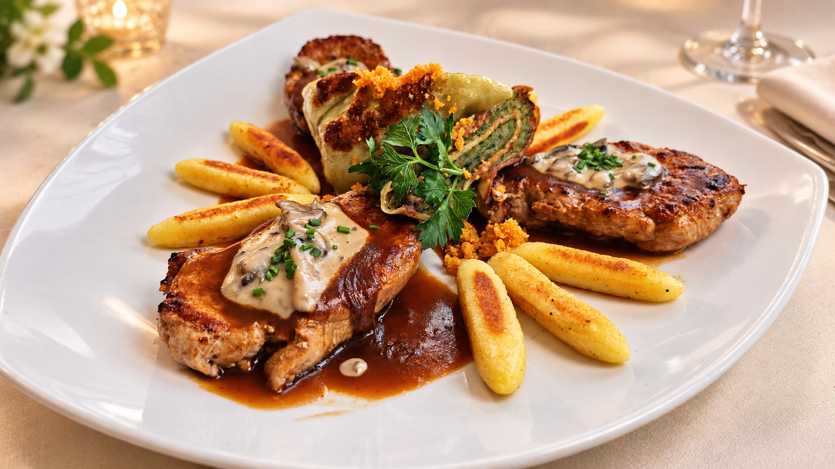 Schwabenteller mit Schweinemedaillons, Schupfnudeln, Maultaschen und Rahmsauce im Landgasthof Hengstforder Mühle